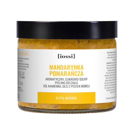 Iossi Mandarin Orange, exfoliant de corp aromat cu sare și zahăr, sare gemă, ulei din sâmburi de caise, 250 ml