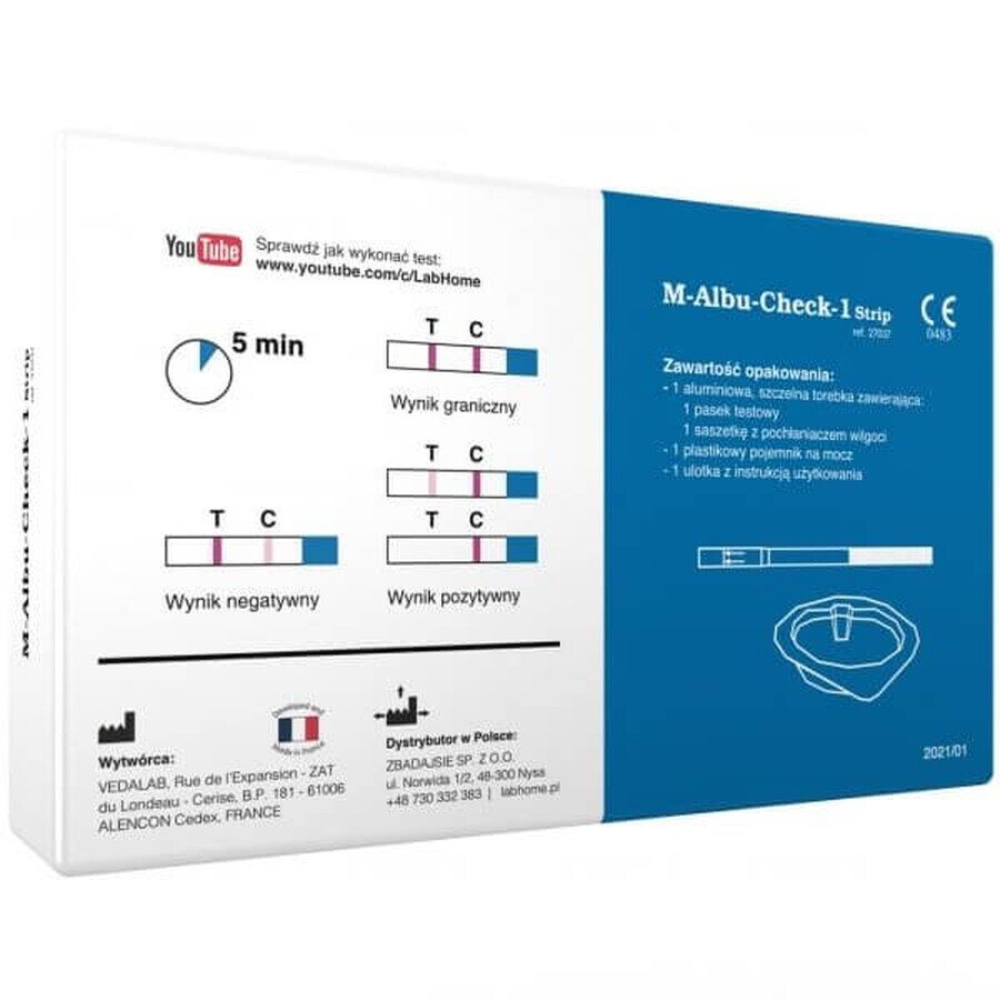 LabHome M-Albu-Check-1 strip, test voor de detectie van albumine in urine, beoordeling van de nierfunctie, 1 stuk