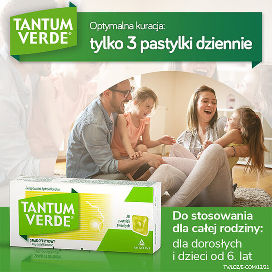 Tantum Verde 3 mg, aromă de lămâie, 20 pastile tari