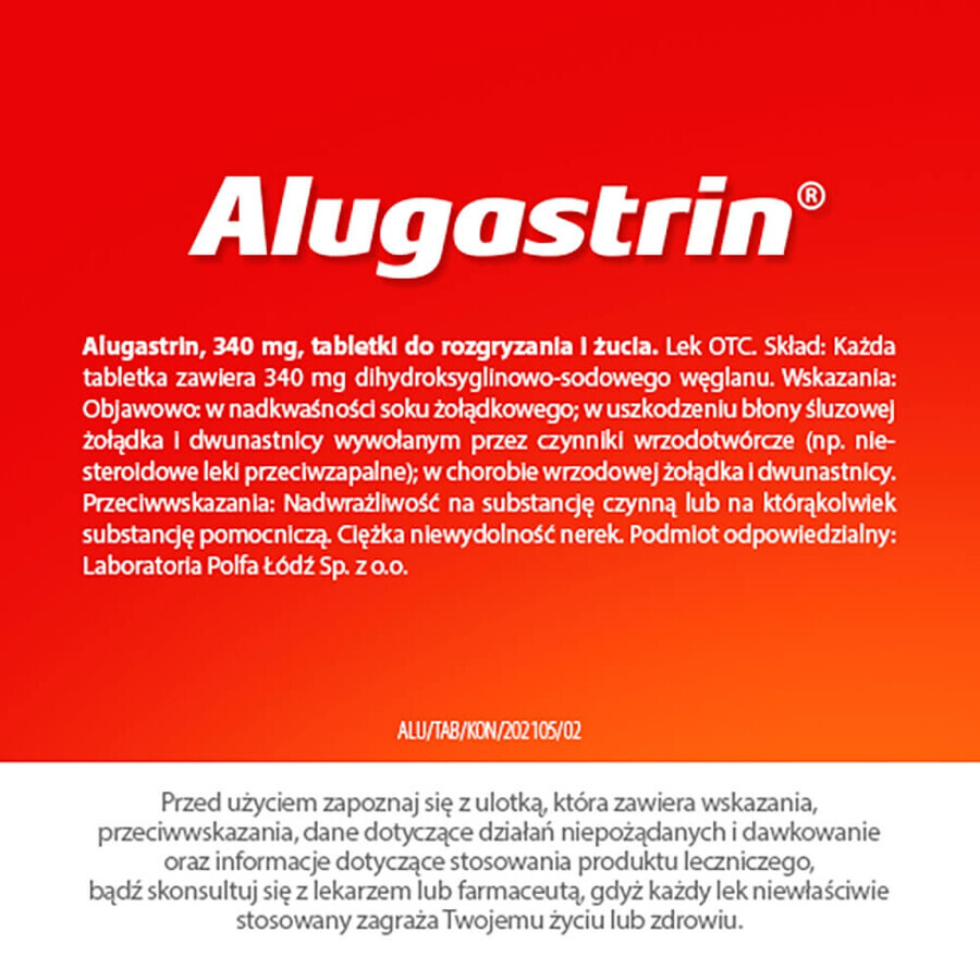 Alugastrin 340 mg, aromă de mentă, 20 comprimate masticabile