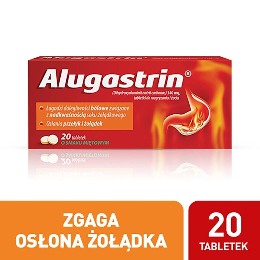 Alugastrin 340 mg, aromă de mentă, 20 comprimate masticabile