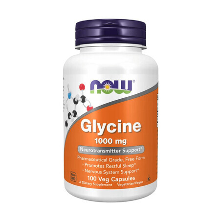 Now Foods Glycine 1000 mg, glicină, 100 capsule vegetariene