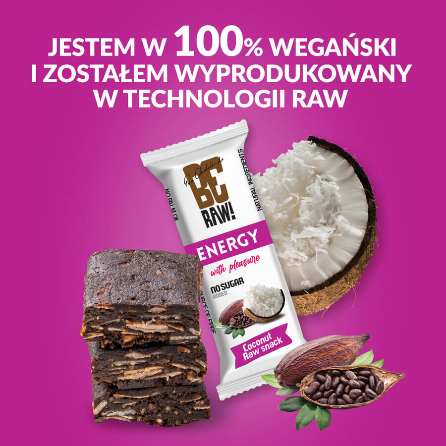 BeRaw! Energy Raw Snack, baton energetic, cacao crudă, nucă de cocos, 40 g