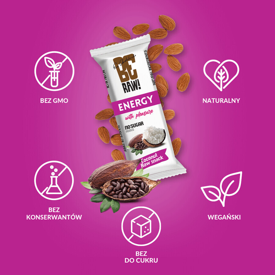 BeRaw! Energy Raw Snack, baton energetic, cacao crudă, nucă de cocos, 40 g