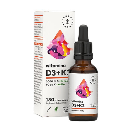 Aura Herbals, Vitamina D3 2000 UI, K2mk7, gotas, 30 ml