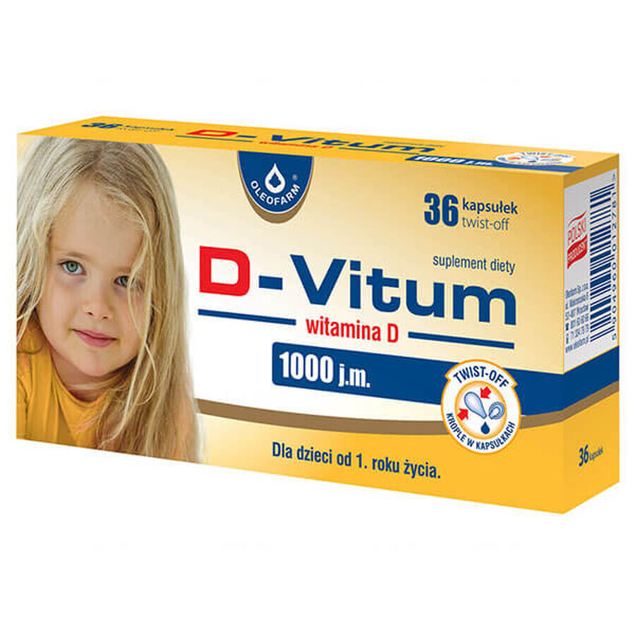 D-Vitum 1000 UI, vitamina D pentru copii de la 1 an, 36 capsule cu închidere prin răsucire