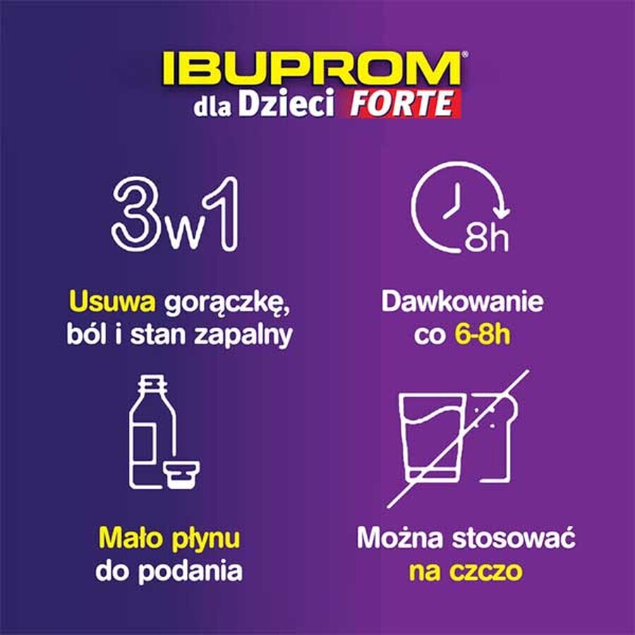 Ibuprom pentru copii Forte 200 mg/ 5ml, suspensie orală de la 3 luni, aromă de căpșuni, 100 ml