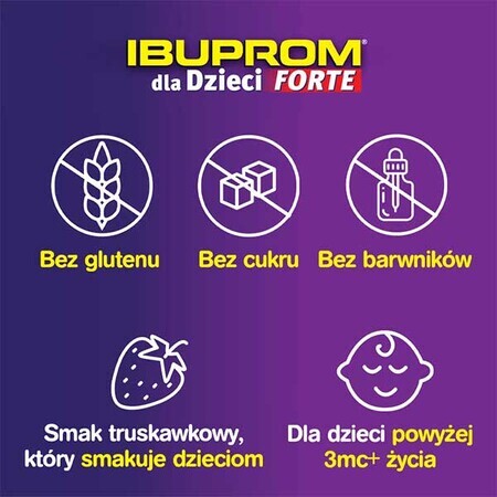 Ibuprom pentru copii Forte 200 mg/ 5ml, suspensie orală de la 3 luni, aromă de căpșuni, 100 ml