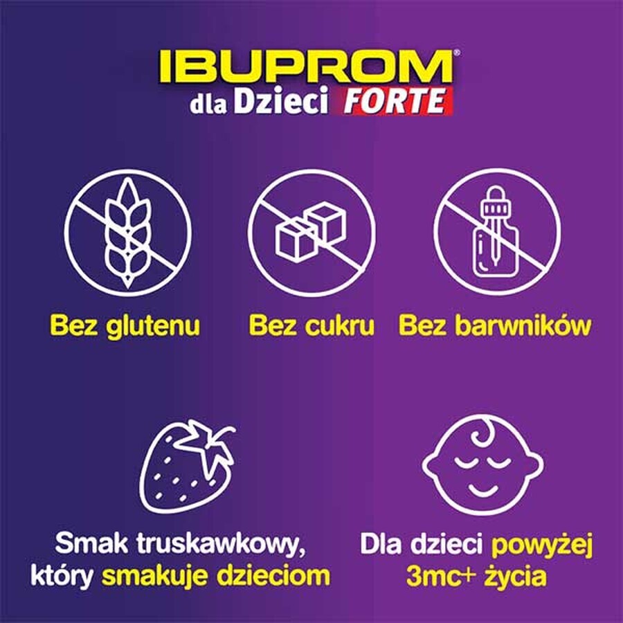 Ibuprom pentru copii Forte 200 mg/ 5ml, suspensie orală de la 3 luni, aromă de căpșuni, 100 ml