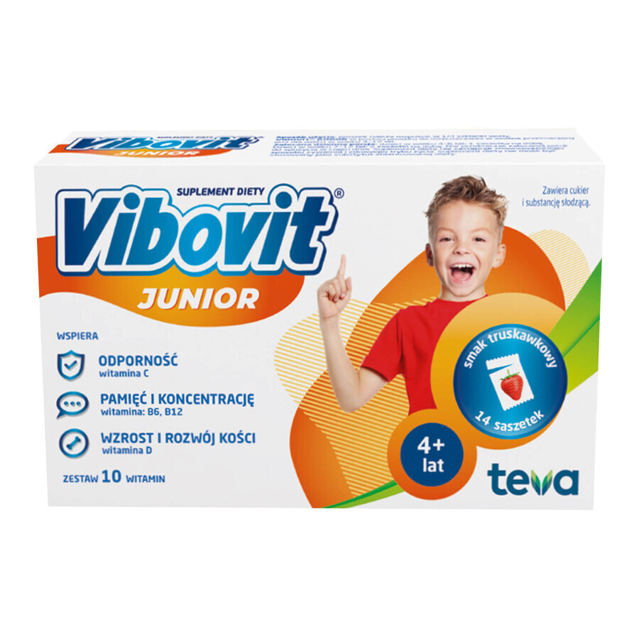 Vibovit Junior, para niños de 4 a 12 años, sabor fresa, 14 sobres