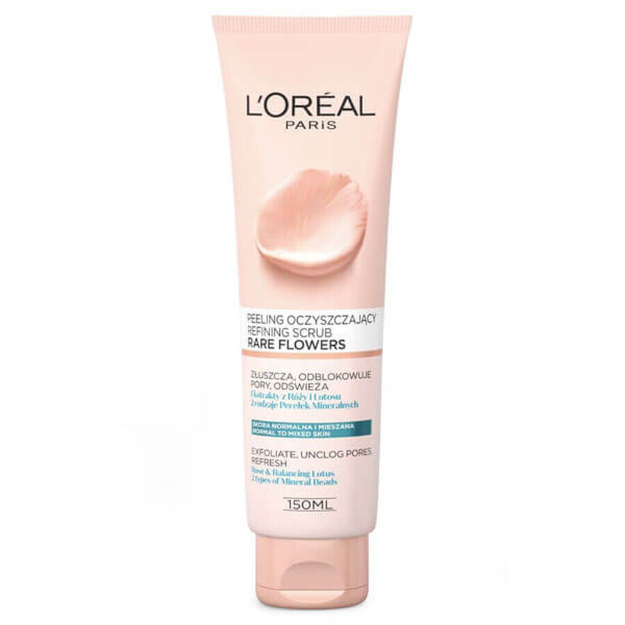 L'Oreal Rare Flowers, scrub de curățare facială cu extracte de trandafir și lotus, 150 ml