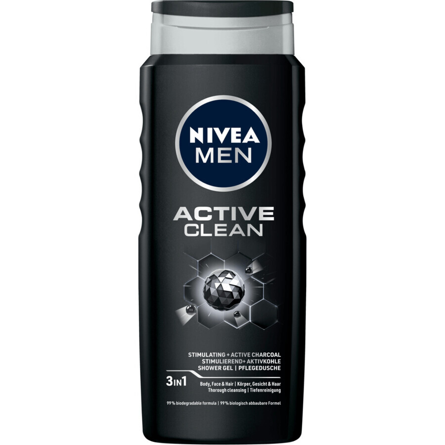 Nivea Men, Gel de ducha 3 en 1 para rostro, cuerpo y cabello, Active Clean, 500 ml