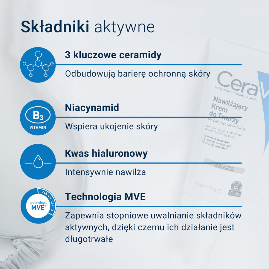 CeraVe, cremă hidratantă cu ceramide pentru față, piele normală și uscată, 52 ml