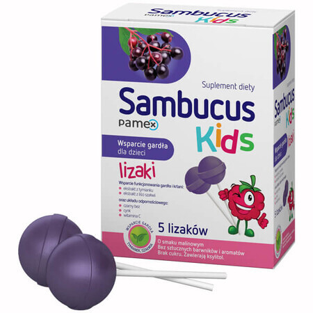 Sambucus Kids Lollipops, aromă de zmeură, 5 bucăți