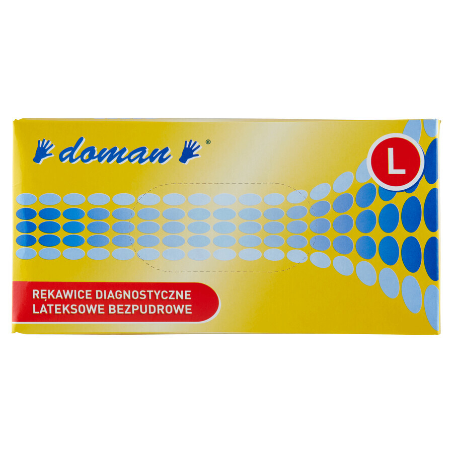 Doman, mănuși din latex, nesterile, fără pudră, albe, mărimea L, 100 bucăți