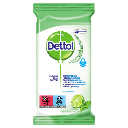 Dettol, șervețele antibacteriene și de combatere a drojdiei pentru curățarea și dezinfectarea suprafețelor, var și mentă, 36 bucăți