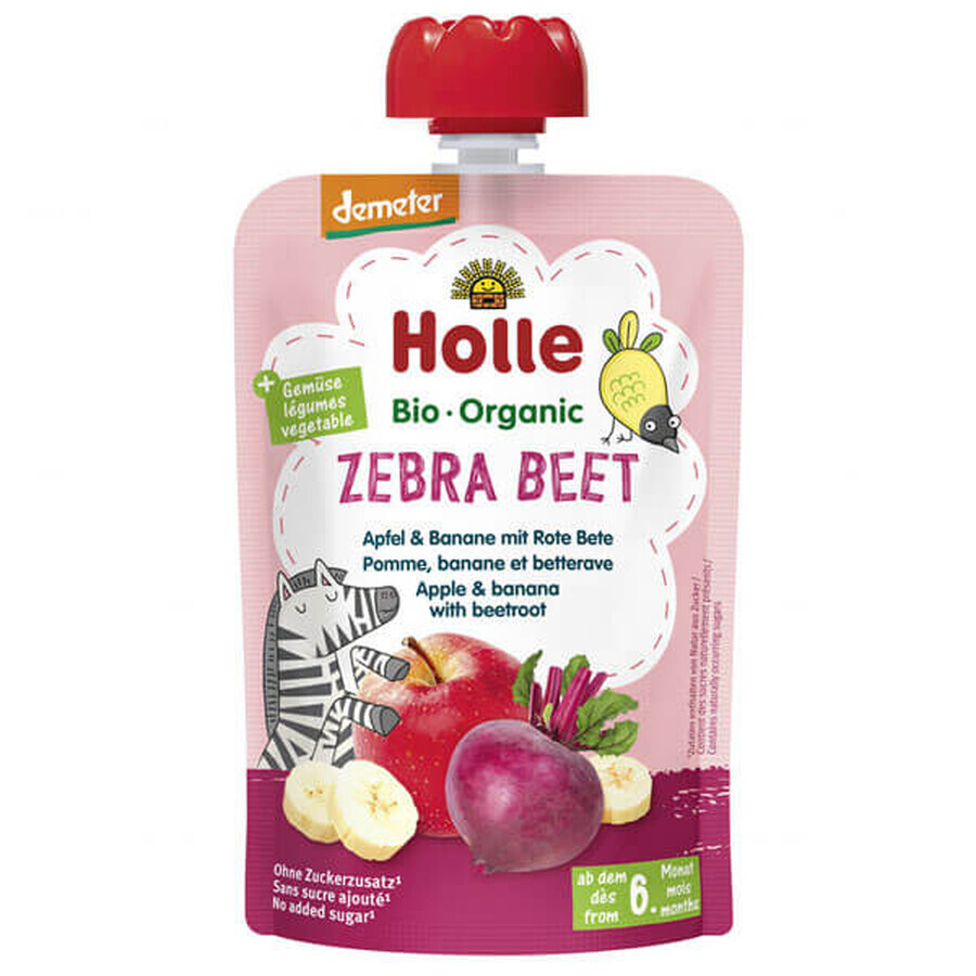 Holle, Mousse de frutas en tubo, Zebra Remolacha, manzana, plátano y remolacha, después de 6 meses, 100 g