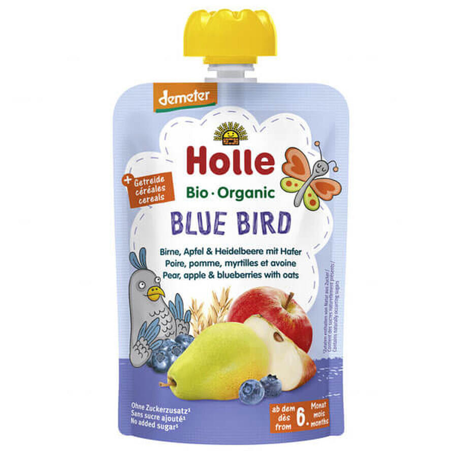 Holle, Mousse de fruits en tube, Blue Bird, poire, pomme, myrtille avec de l'avoine, après 6 mois, 100 g