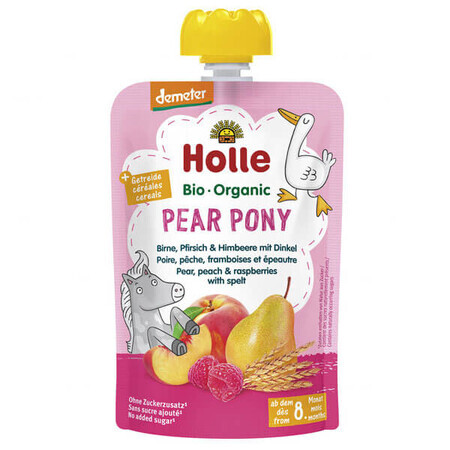 Holle, Mousse de frutas en tubo, Pony de pera, pera, melocotón y frambuesa, después de 8 meses, 100 g