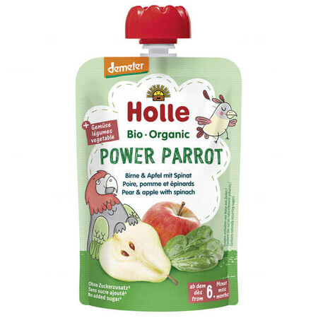 Holle, Mousse di frutta e verdura in tubo, Power Parrot, pera, mela, spinaci, da 6 mesi, 100 g