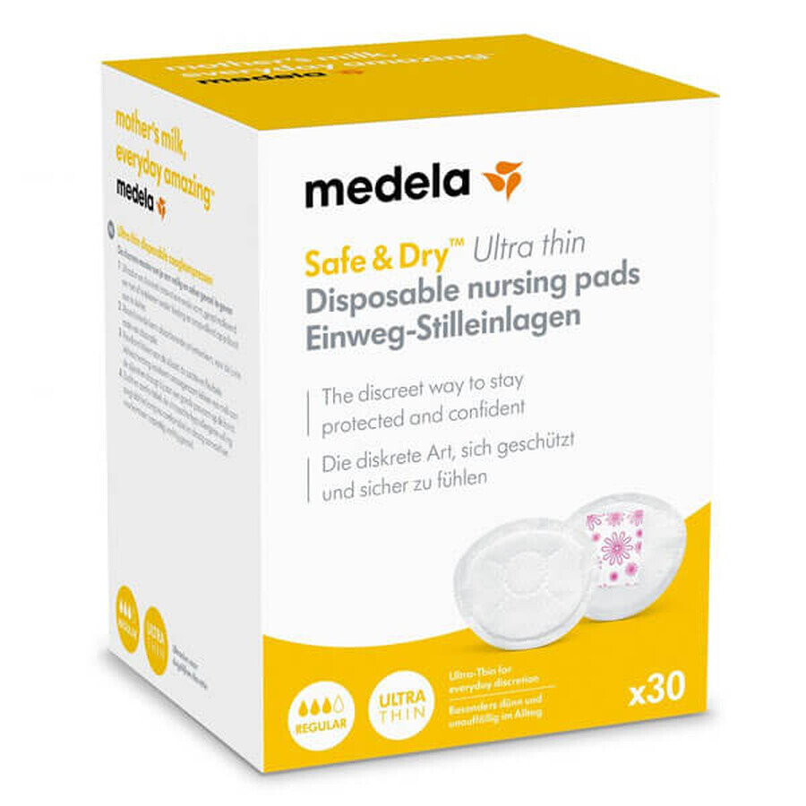 Medela, tampoane de sân de unică folosință, super-subțiri, Safe &amp; Dry, 30 bucăți