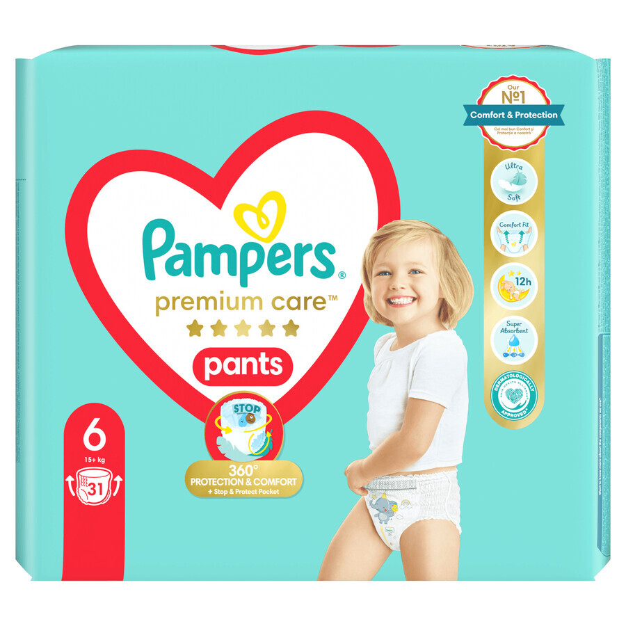 Pampers Premium Care Pants, couches, taille 6, 15+ kg, 31 pcs