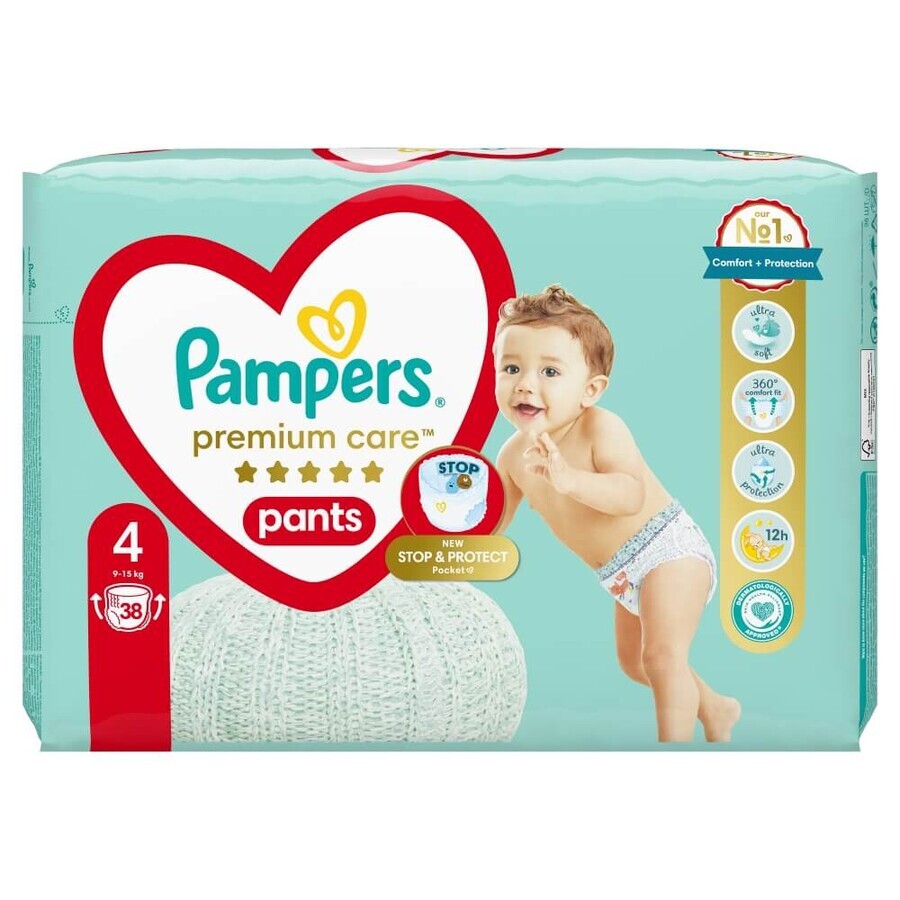 Pampers Premium Care Pants, pantalones pañales, talla 4, 9-15 kg, 38 piezas