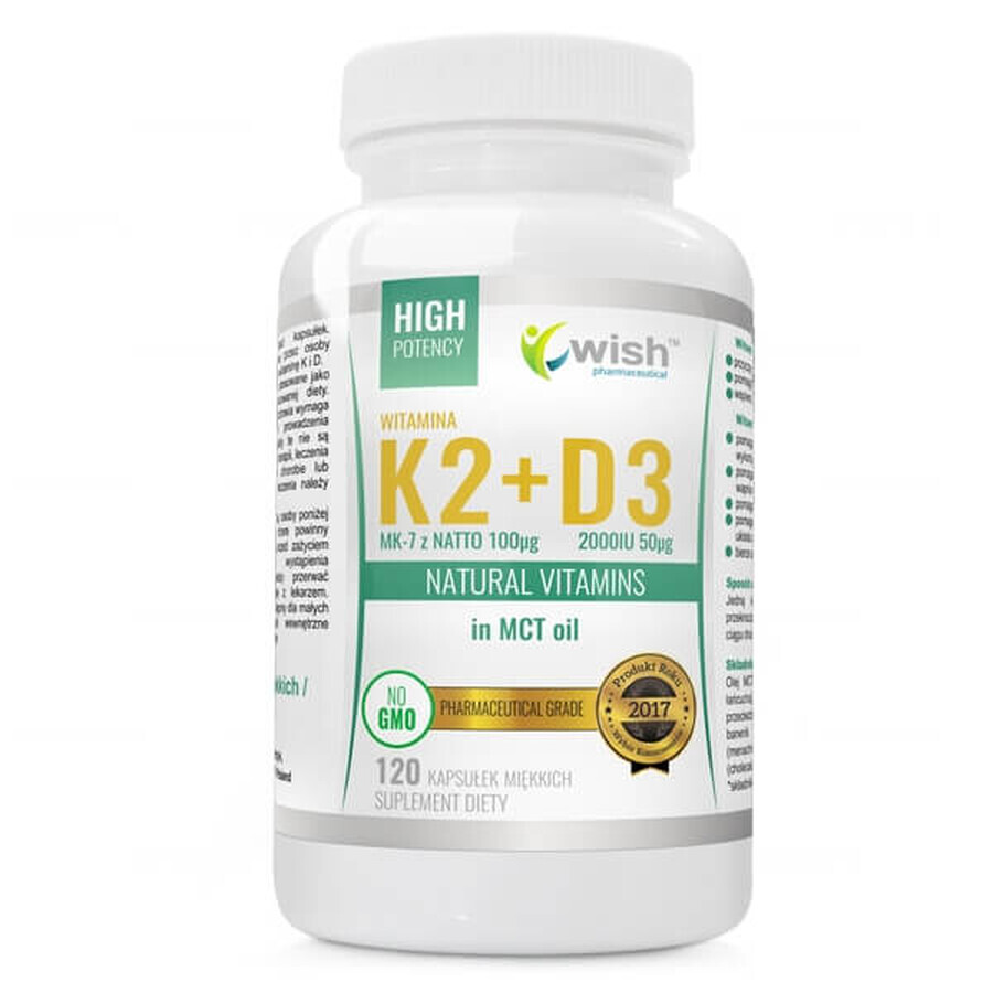 Wish, Vitamine K2 MK-7 Natto 100 µg + Vitamine D3 2000 IU 50 mcg + MCT-olie, 120 capsules