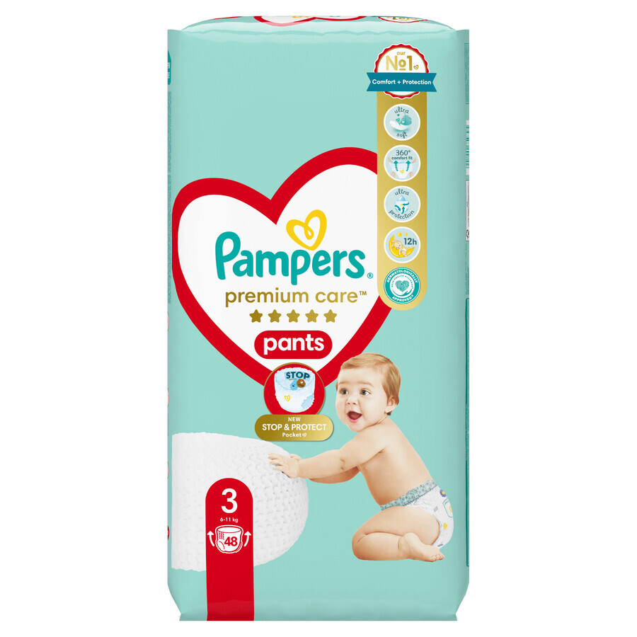 Pampers Premium Care Pants, pañales desechables, talla 3, 6-11 kg, 48 piezas