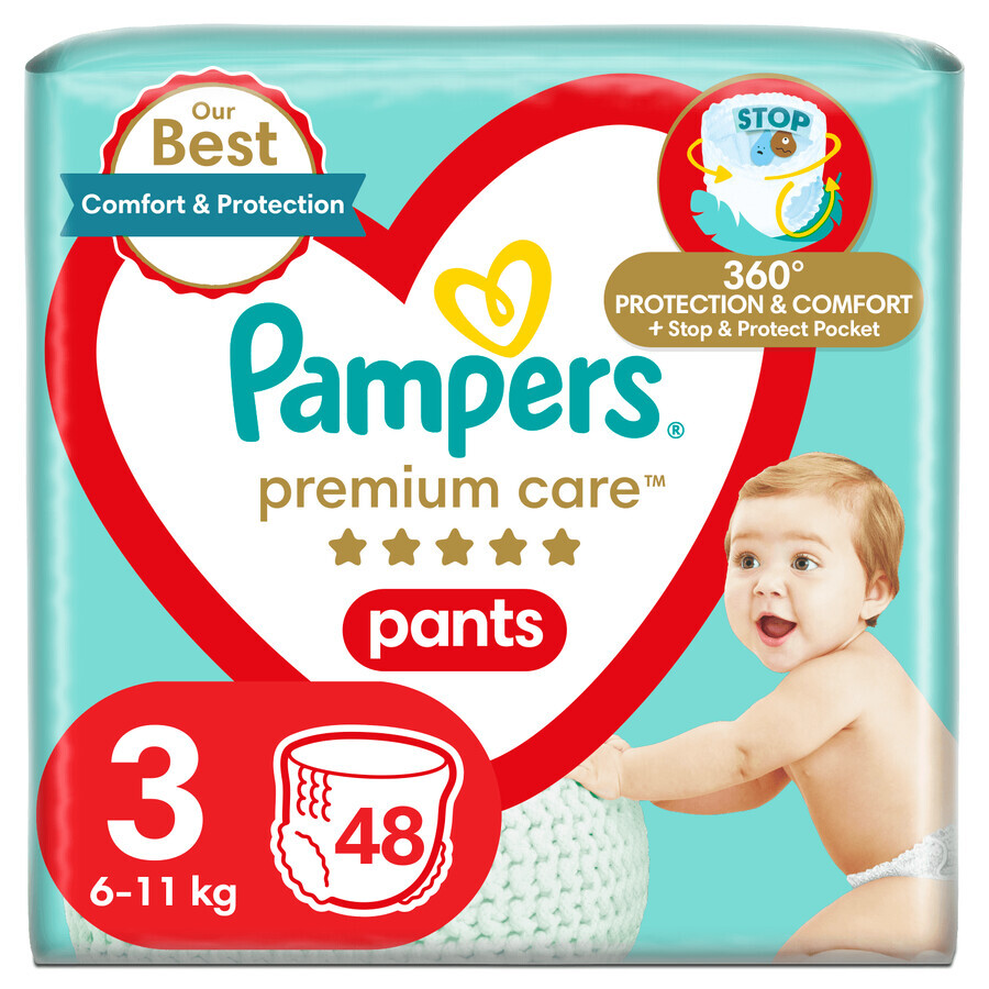 Pampers Premium Care Pants, pañales desechables, talla 3, 6-11 kg, 48 piezas