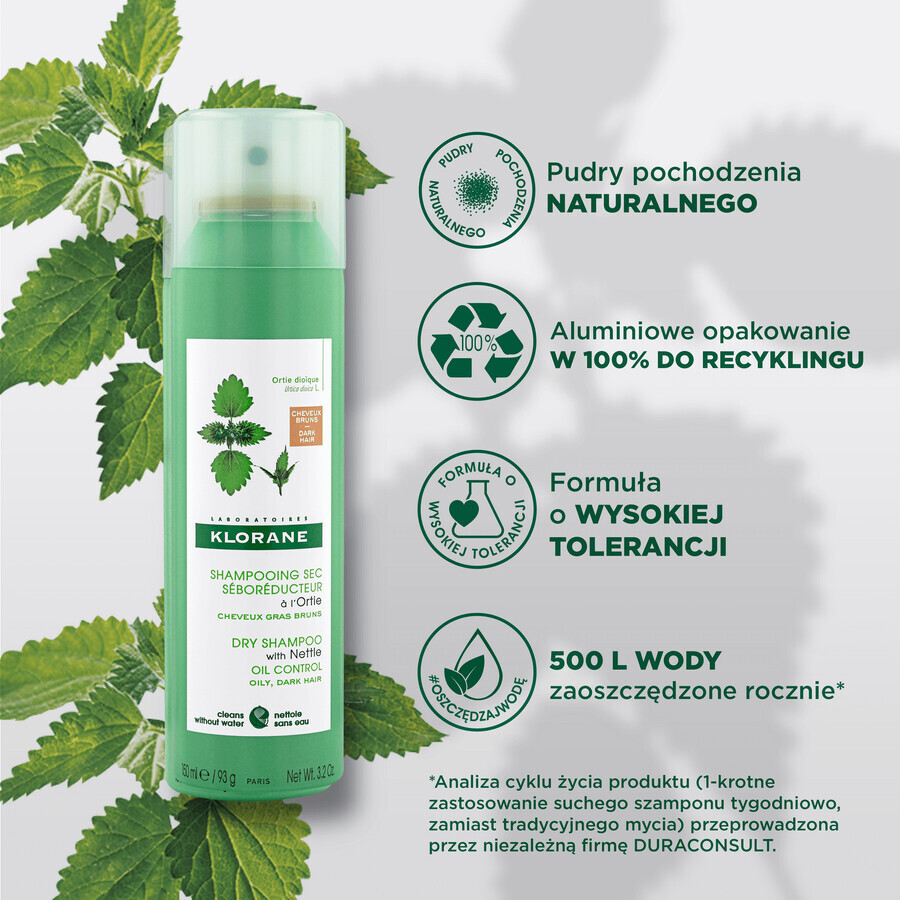 Klorane, șampon uscat seboregulator cu extract de urzică pentru păr gras și gras, 150 ml