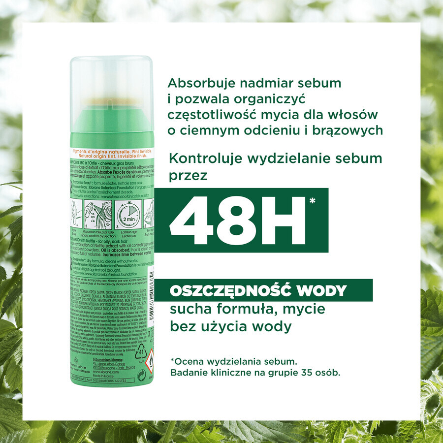 Klorane, șampon uscat seboregulator cu extract de urzică pentru păr gras și gras, 150 ml