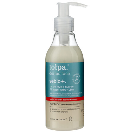 Tołpa Dermo Face Sebio+, gel limpiador facial con 2 ácidos: AHA + LHA, 195 ml