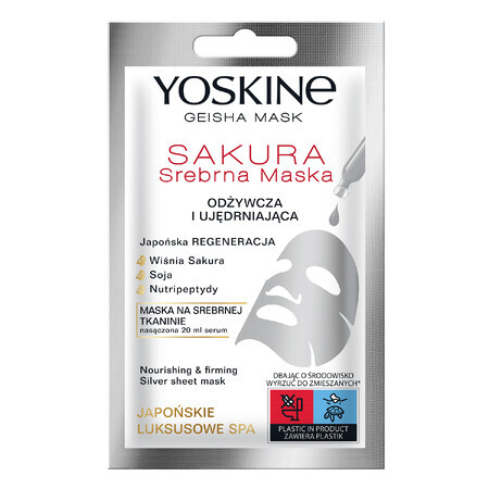 Yoskine Geisha Mask Sakura, mască din țesătură argintie, hrănitoare și de întărire, 20 ml