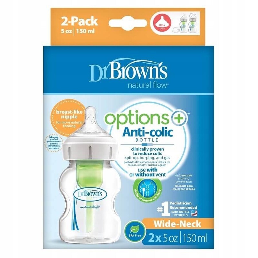 Dr Browns Options+, sticlă anti-colică, cu gât lat, cu tetină, 2 x 150 ml