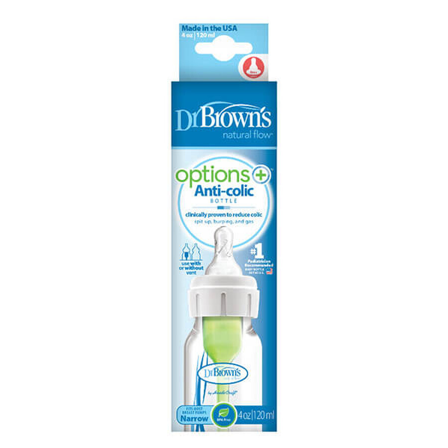 Dr Brown's, sticlă anti-colică standard Opțiuni + gât îngust, cu tetină 0m+, 120 ml