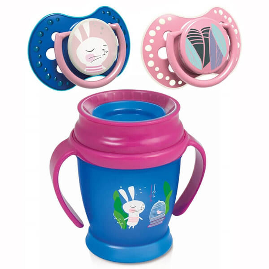 Lovi Mini set, tasse 360° avec poignées, Follow the Rabbit, bleu marine et rose, à partir de 9 mois, 210 ml + sucette de 0 à 3 mois, 2 pièces