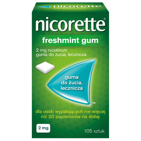 Nicorette FreshMint Gum 2 mg, gumă de mestecat, medicinală, 105 bucăți