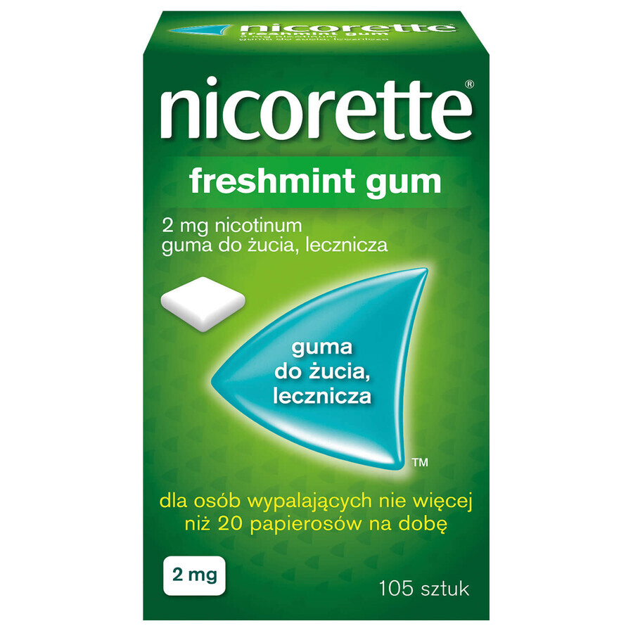 Nicorette FreshMint Gum 2 mg, gumă de mestecat, medicinală, 105 bucăți