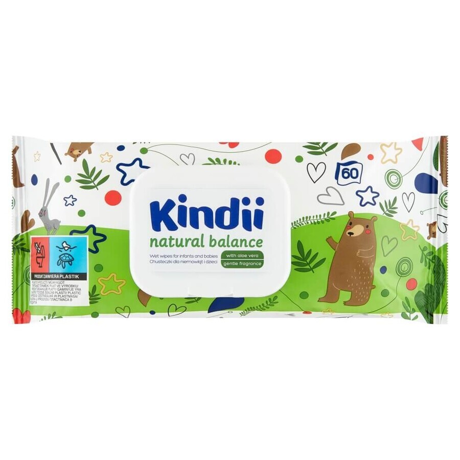 Kindii Natural Balance, șervețele umede pentru bebeluși și copii, 60 bucăți