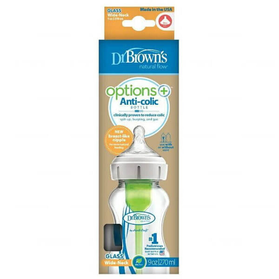 Dr Brown's Options+, biberon anti-colic, sticlă, cu gât larg, cu tetină, nivel 1, 0-3 luni, 270 ml