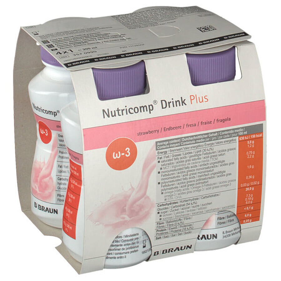 Nutricomp Drink Plus, voedingspreparaat, aardbeiensmaak, 4 x 200 ml