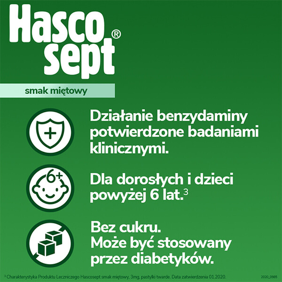 Hascosept 3 mg, aromă de mentă, 24 pastile tari