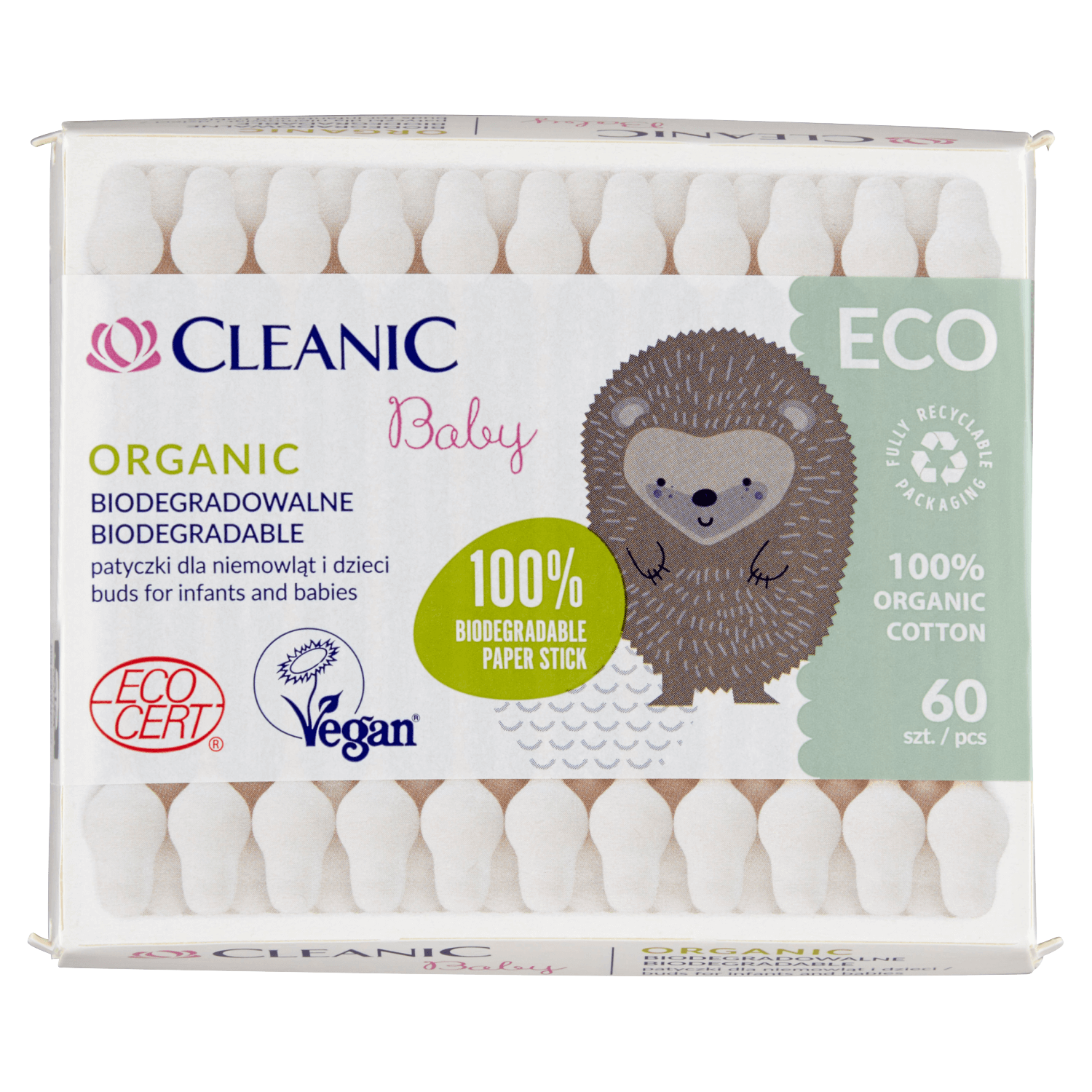 Cleanic Eco Baby Organic, bețișoare de bumbac pentru bebeluși și copii, 60 bucăți