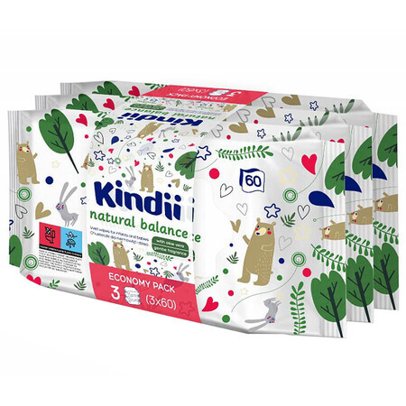 Kindii Natural Balance, șervețele umede pentru bebeluși și copii, 3 x 60 buc