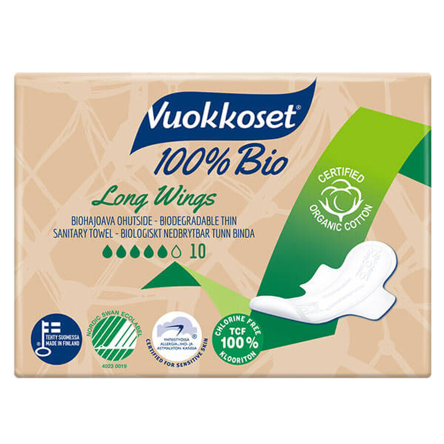 Vuokkoset, biologisch katoenen nachtdoekjes, 100% Bio, Lange vleugels, 10 stuks