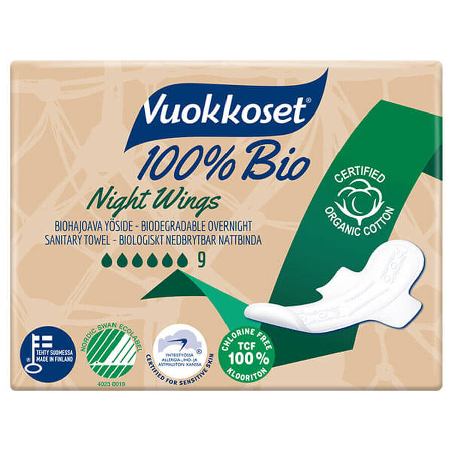 Vuokkoset, prosoape de noapte din bumbac organic, 100% Bio, Aripi normale, 9 bucăți