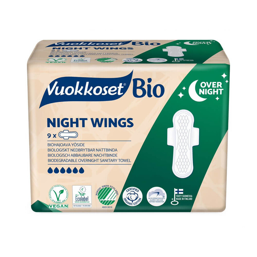 Vuokkoset, prosoape de noapte din bumbac organic, 100% Bio, Aripi normale, 9 bucăți