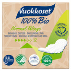 Vuokkoset, șervețele sanitare din bumbac organic, 100% Bio, Aripi normale, 12 bucăți