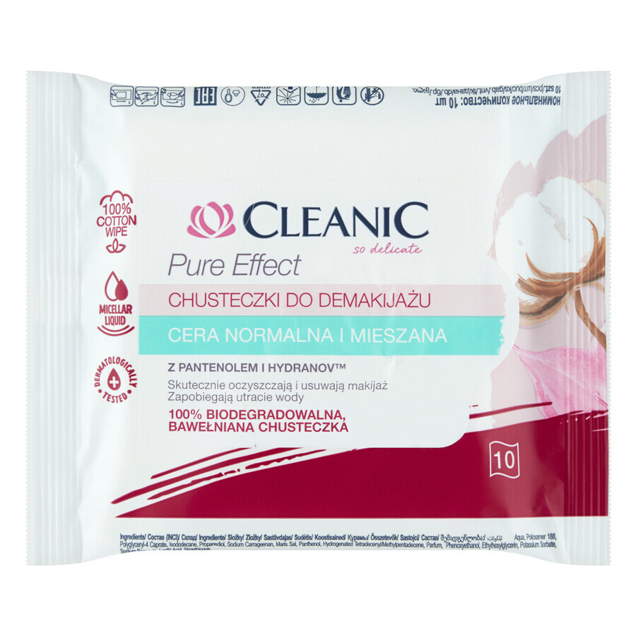 Cleanic Pure Effect, make-up remover doekjes, normale en gemengde huid, 10 stuks